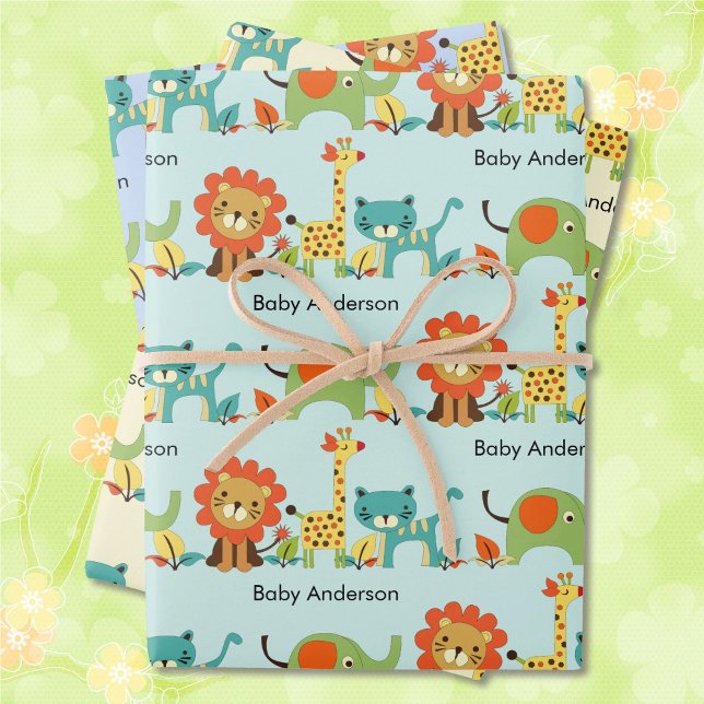 Feuille De Papier Cadeau Baby shower Ajouter Nom Lion Giraffe Elephant 3 (Créateur téléchargé)