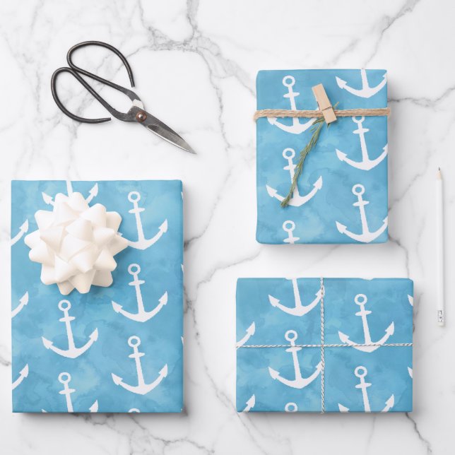 Feuille De Papier Cadeau Baby shower bleu Ancre nautique (Recto)