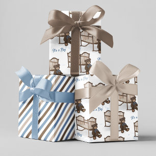 Feuille De Papier Cadeau Baby shower bleu C'est un garçon ours en peluche