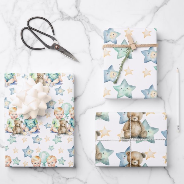 Feuille De Papier Cadeau Baby shower Blue Green Twin Baby Boys ou Nouveau b (Recto)