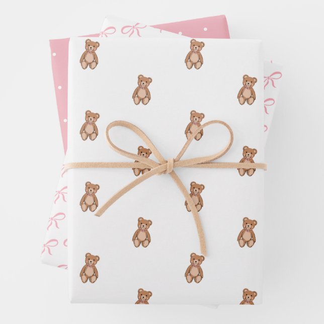 Feuille De Papier Cadeau Baby shower classique Teddy Bear rose Bow (En situation)