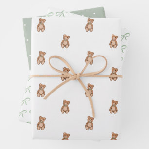 Feuille De Papier Cadeau Baby shower classique Teddy Bear Sage Green Bow