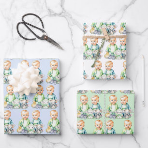 Feuille De Papier Cadeau Baby shower d'aquarelle Blue and Green Twin Boys