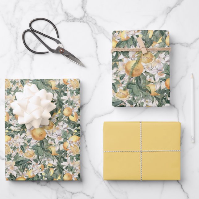 Feuille De Papier Cadeau Baby shower d'aquarelle florale Citrus Lemon (Recto)