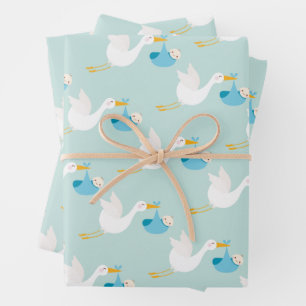 Feuille De Papier Cadeau Baby shower de garçon de la cigogne bleue