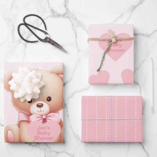Feuille De Papier Cadeau Baby shower des Coeurs Rose Ours (Recto)