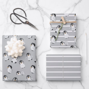Feuille De Papier Cadeau Baby shower d'hiver de pingouin gris simple
