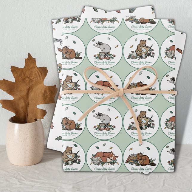 Feuille De Papier Cadeau Baby shower du livre de récits de Woodland (Personalized Baby Shower Wrapping Paper - Woodland Storybook Themed)