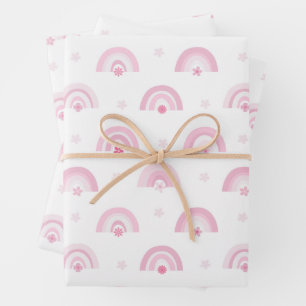 Feuille De Papier Cadeau Baby shower en arc-en-ciel rose et fleurs