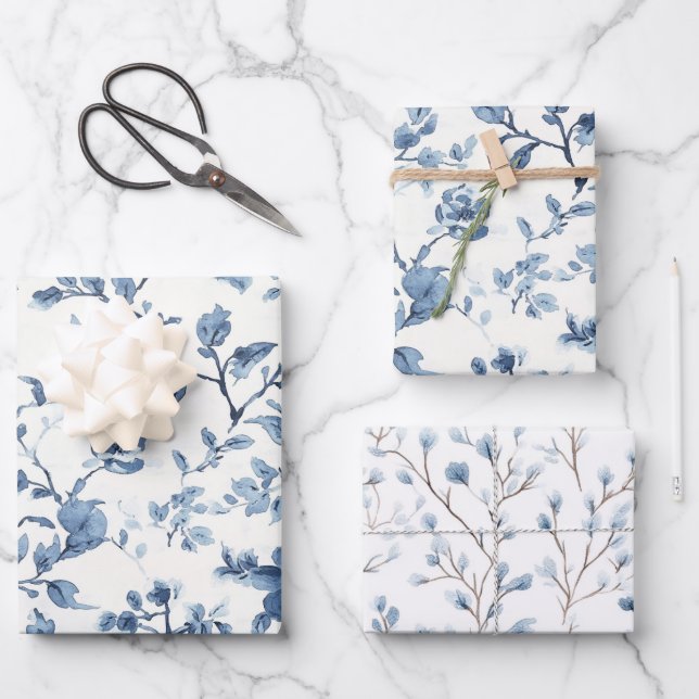 Feuille De Papier Cadeau Baby Shower Floral Blanc Bleu (Recto)