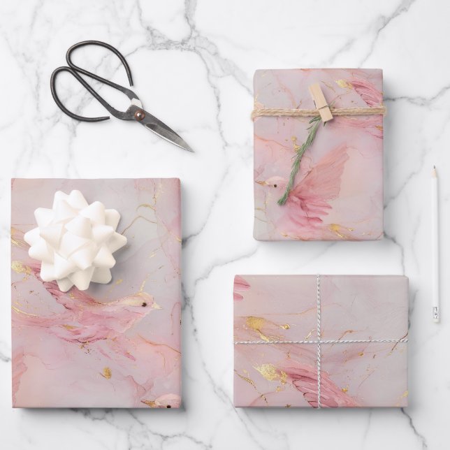 Feuille De Papier Cadeau Baby shower Gold Blush Pink Birds (Recto)