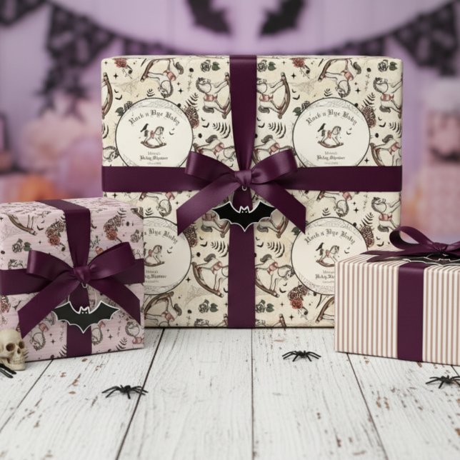 Feuille De Papier Cadeau Baby Shower gothique Cheval à bascule victorien ro (Gothic Rock a Bye Baby Halloween Baby Shower Pink Stripes and Spooky Vintage Rocking Horse Pattern)