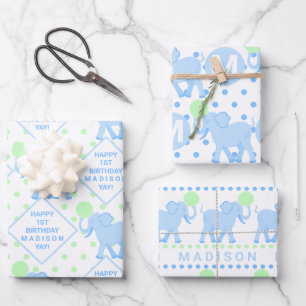 Feuille De Papier Cadeau Baby shower Ou Anniversaire Blue Circus Cute Eleph