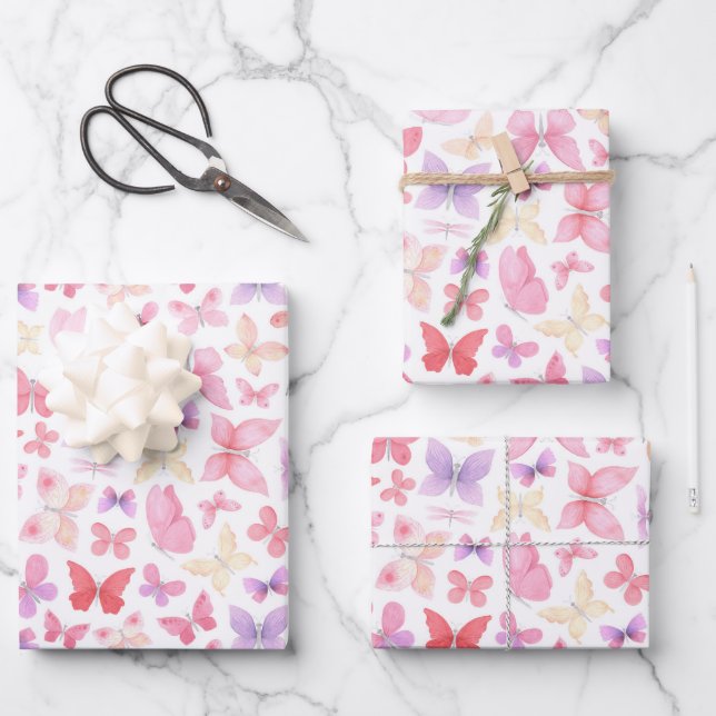 Feuille De Papier Cadeau Baby shower papillon rose violet jaune (Recto)