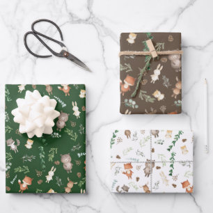 Feuille De Papier Cadeau Baby shower vert de la forêt d'animaux de la forêt