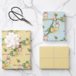 Feuille De Papier Cadeau Baby shower vert de singe jaune