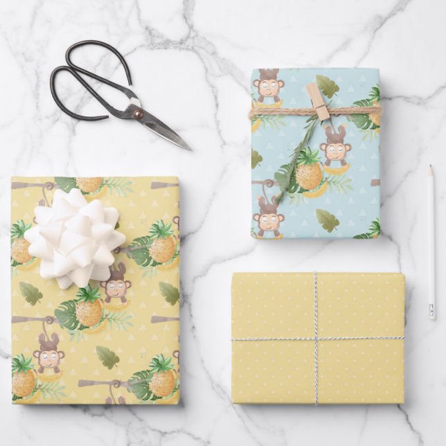 Feuille De Papier Cadeau Baby shower vert de singe jaune (Recto)