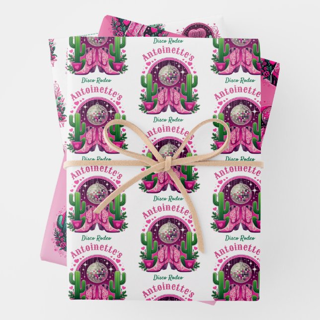 Feuille De Papier Cadeau Bachelorette Neon Pink Cowgirl Boots & Disco Ball (En situation)