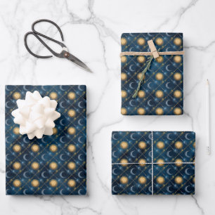 Feuille De Papier Cadeau Baguette de magicien Ciel Soleil Lune Fond Bleu