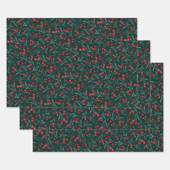 Feuille De Papier Cadeau Baies d'aquarelle de Noël (Lot)