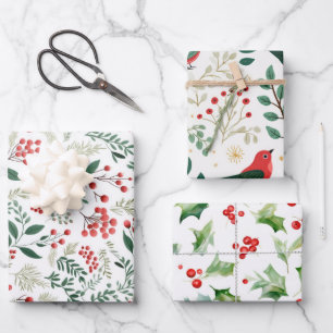 Feuille De Papier Cadeau Baies de houx rouges de Noël