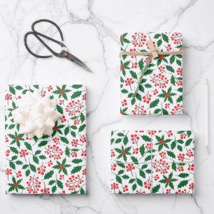 Feuille De Papier Cadeau Baies de houx rouges vertes Noël botanique
