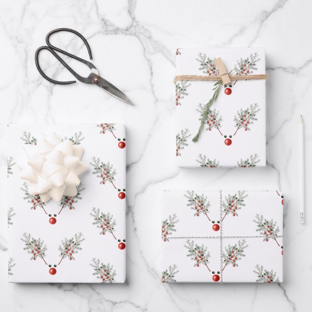 Feuille De Papier Cadeau Baies de pin à nez rouge Noël (Recto)