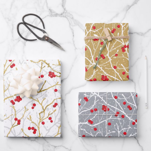 Feuille De Papier Cadeau Baies d'hiver neige de Noël | Or/Gris/Rouge/Wt | (Recto)