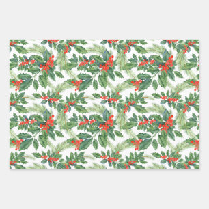 Feuille De Papier Cadeau Baies Rouges Houx Vert Floral Noël Fêtes