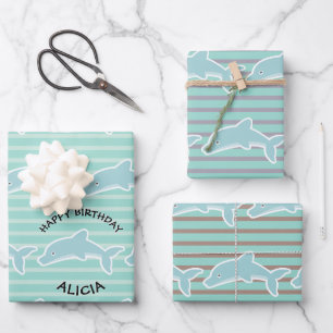 Feuille De Papier Cadeau Baignade Dauphin Joyeux Anniversaire Stripes