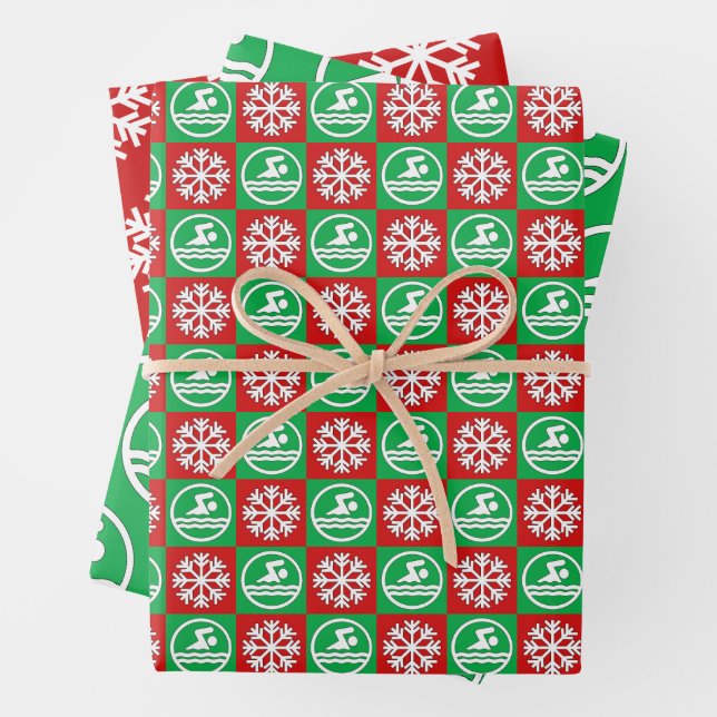 Feuille De Papier Cadeau Baignade et plongée en rouge et vert Noël (En situation)