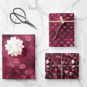 Feuille De Papier Cadeau Baisers rouges de Bourgogne Lèvres Cœurs Mariage A