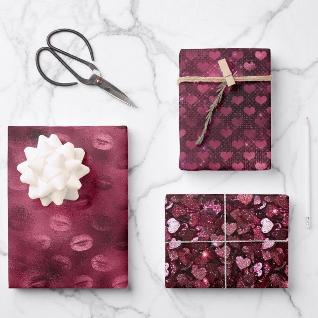 Feuille De Papier Cadeau Baisers rouges de Bourgogne Lèvres Cœurs Mariage A (Recto)