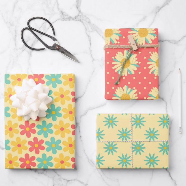 Feuille De Papier Cadeau Baisy rétro super en bleu jaune (Recto)