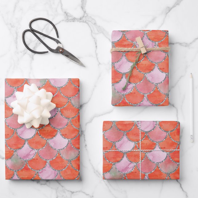 Feuille De Papier Cadeau Balances de sirène orange, rose et argent (Recto)