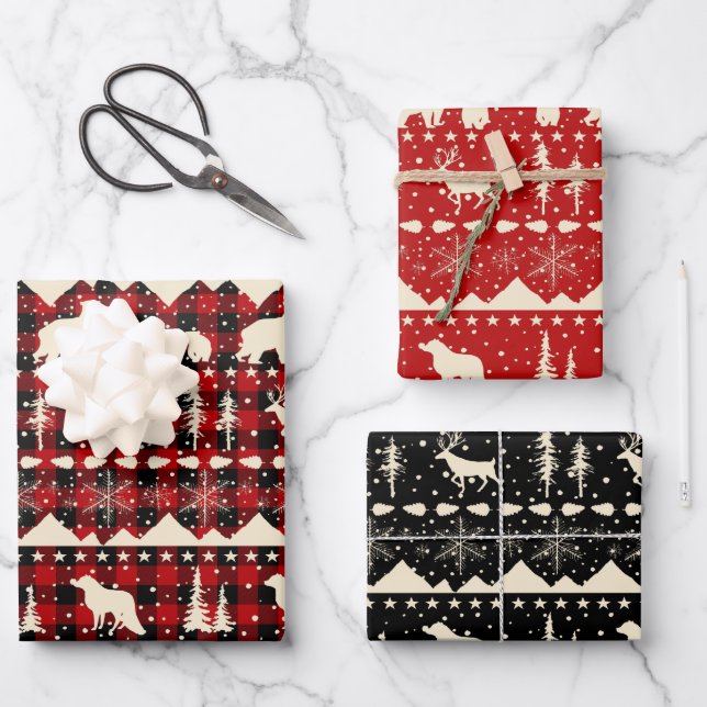 Feuille De Papier Cadeau Balayage nordique Beige Rouge Plaid Animaux d'hive (Recto)