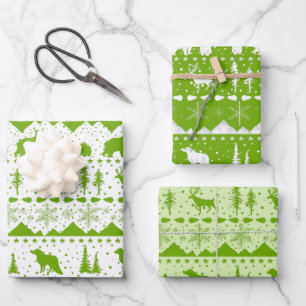 Feuille De Papier Cadeau Balayage nordique Blanc Mint Vert Animaux d'hiver
