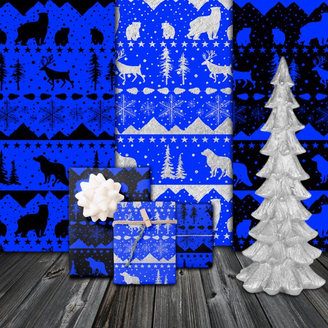 Feuille De Papier Cadeau Balayage nordique Bleu Noir Argent Animaux d'hiver (Nordic Sweater Black Blue Silver Winter Animals Wrapping Paper Sheets)