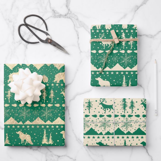 Feuille De Papier Cadeau Balayage nordique Or Beige Vert Animaux d'hiver (Recto)