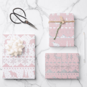 Feuille De Papier Cadeau Balayage nordique Rose Blanc Argent Animaux d'hive