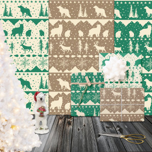 Feuille De Papier Cadeau Balayage nordique Vert Beige Kraft Animaux d'hiver