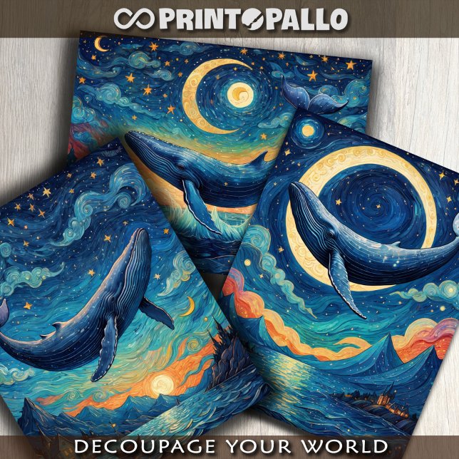 Feuille De Papier Cadeau Baleine bleue dans un monde de gogh Van bleu (Créateur téléchargé)