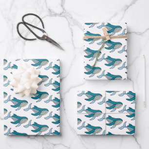 Feuille De Papier Cadeau Baleine bleue Océan Enfants Motif