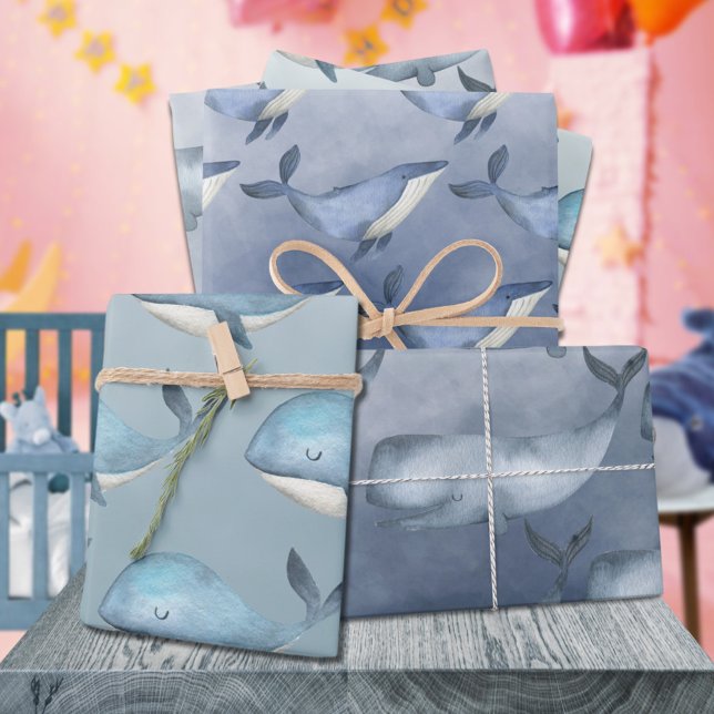 Feuille De Papier Cadeau Baleines Aquarelles Sous L'Océan Bleu Profond (Watercolor Whales Under The Deep Blue Ocean Kids Gift Wrapping Paper Sheets Trio)