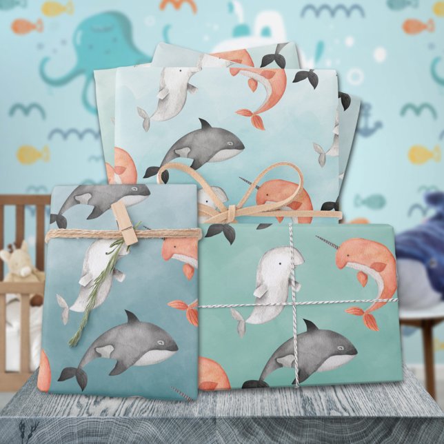 Feuille De Papier Cadeau Baleines Beluga Narwhal Sous La Mer Bleue Profonde (Narwhal Beluga Killer Whales Under The Deep Blue Sea Kids Gift Wrapping Paper Sheets Trio)