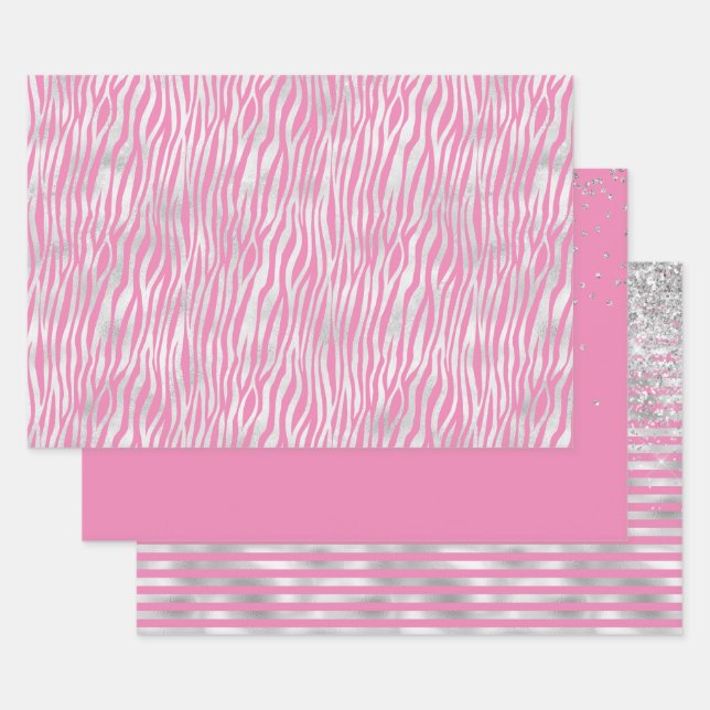 Feuille De Papier Cadeau Balises cadeaux Zebra en argent rose (Lot)