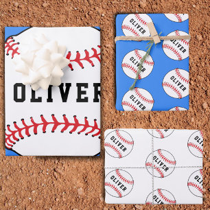 Feuille De Papier Cadeau Balle de Baseball Bleu Motif Enfants Nom Anniversa