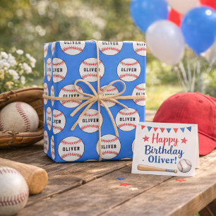 Feuille De Papier Cadeau Balle de Baseball Bleue Motif Enfants Nom 