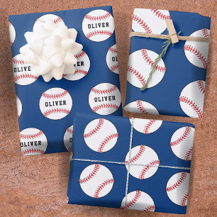 Feuille De Papier Cadeau Balle de baseball motif bleu nom enfants