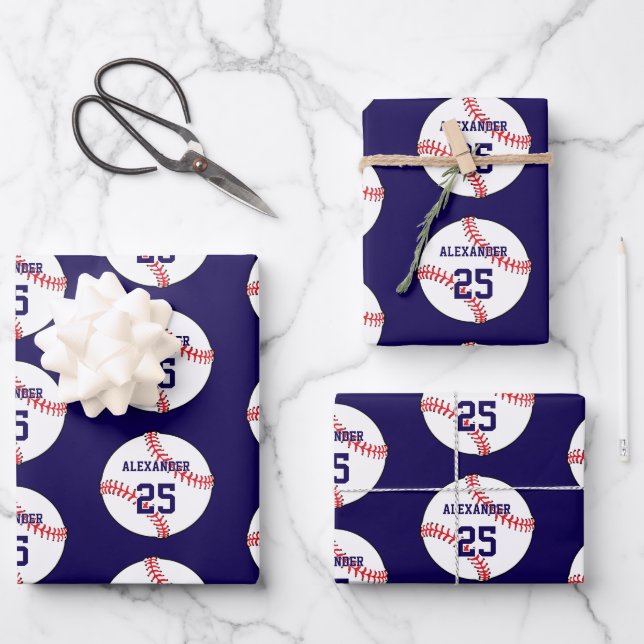Feuille De Papier Cadeau Balle de baseball | Nom et numéro (Recto)